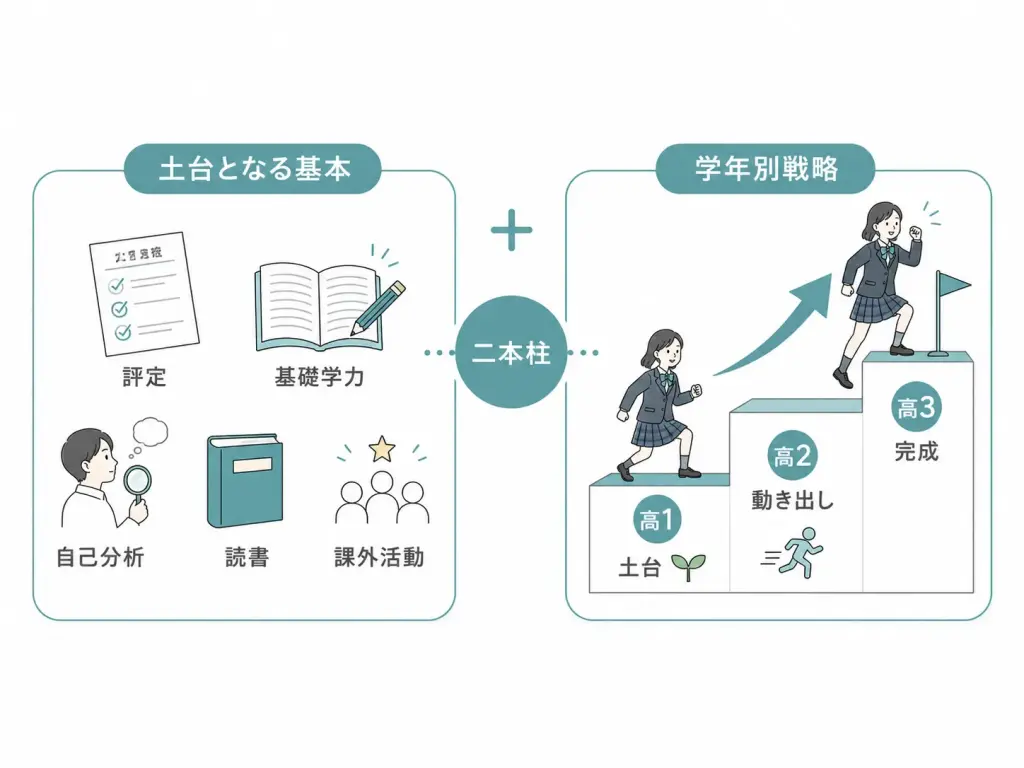 総合型選抜の勉強法は「土台となる基本」＋「学年別戦略」の二本柱