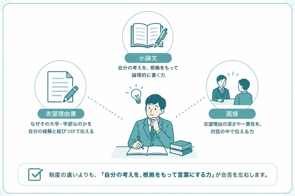 どちらも「書類・小論文・面接」で