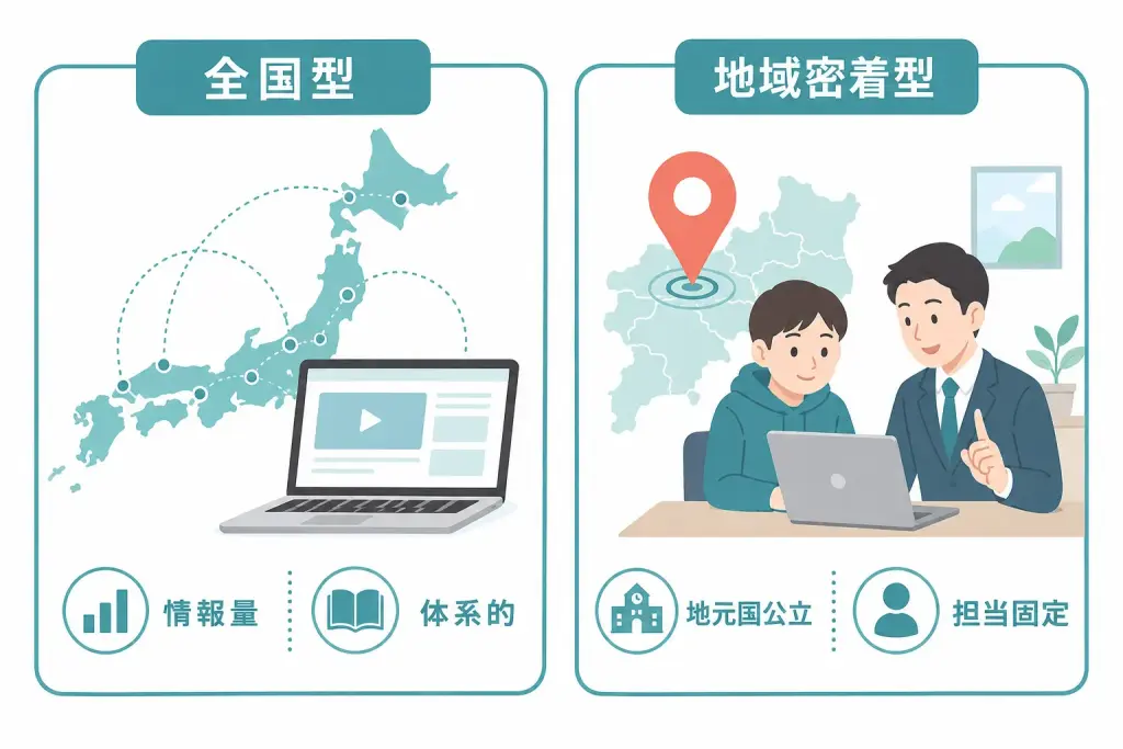 総合型選抜のオンライン塾は「全国型」と「地域密着型」に分かれる